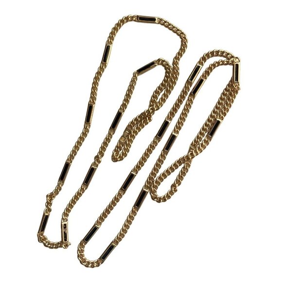 Two Vintage Thick Gold Tone Chain Necklaces Black Rectangular Bars Mod Chunky - Picture 5 of 7
